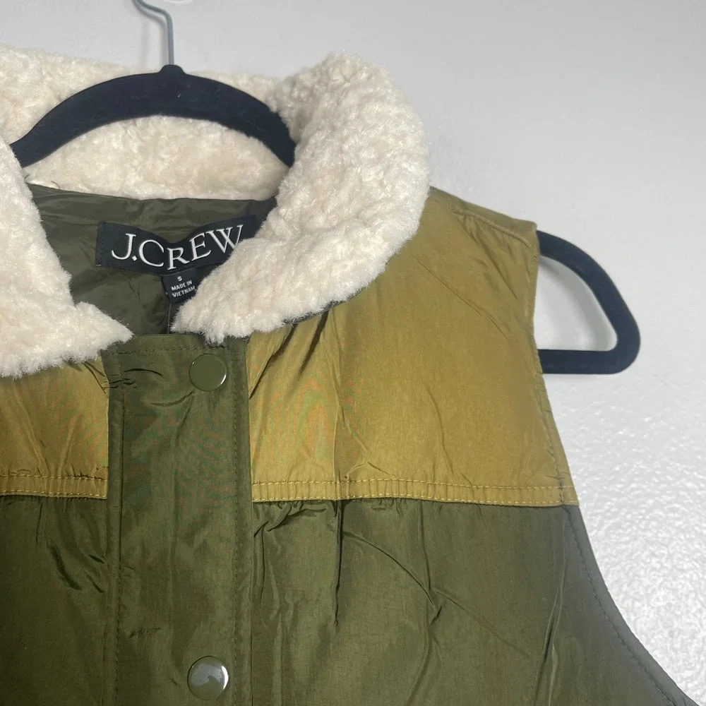 J.CREW Colorblock Puffer Vest with PrimaLoft Small Olive Green‎ Khaki NEW Sherpa